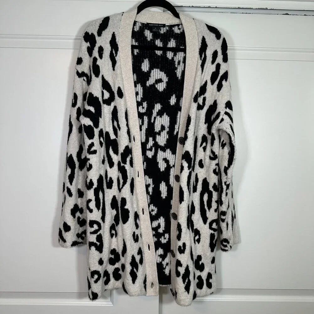 Leopard Print Long Line V-Neck Button Front Cardigan by Something Navy - M